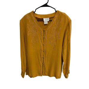 Vintage Tess Embroidered Button Front Blouse Mustard Yellow Size 16 Silk Casual